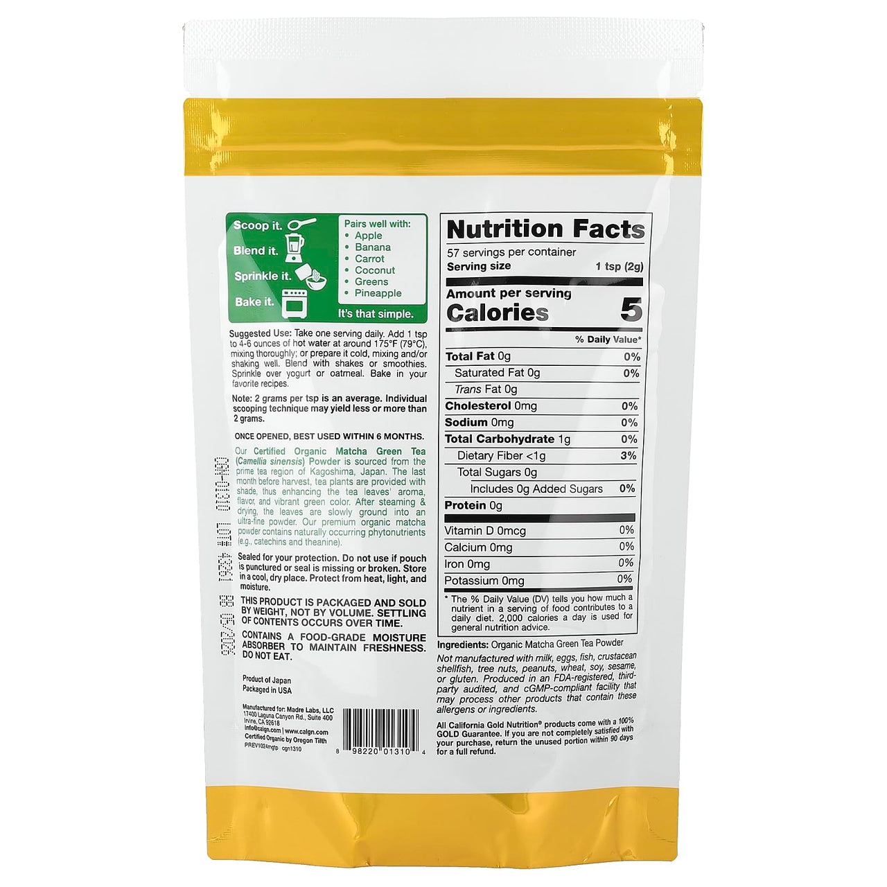 California Gold Nutrition Superfoods, Organic Matcha Green Tea Powder, 4 oz (114 g)