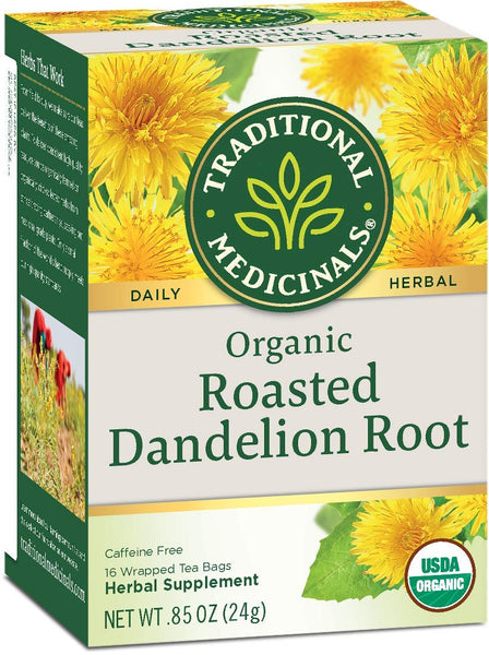 TRADITIONAL MEDICINALS Organic Roasted Dandelion Root, 16 Count (2 Pack)