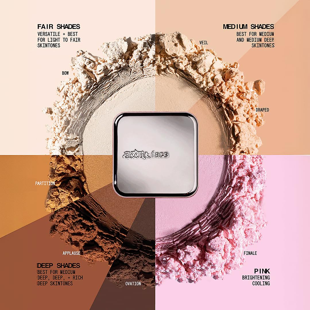 about-face Curtain Call Set & Smooth Loose Powder Finale – Lightweight, Oil-Absorbing Setting Powder with Rice Starch & Corn-Based Talc Alternative – Vegan, Cruelty-Free – 0.35oz (Pink Brightener)