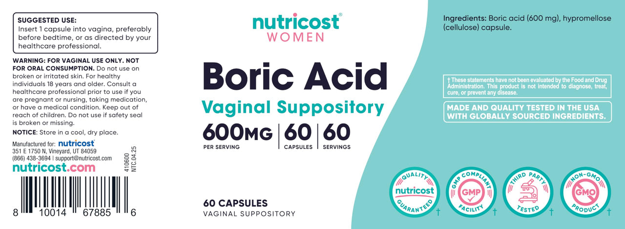 Nutricost Boric Acid 600mg, 60 Capsules - Vaginal Suppository - Non-GMO - for Women