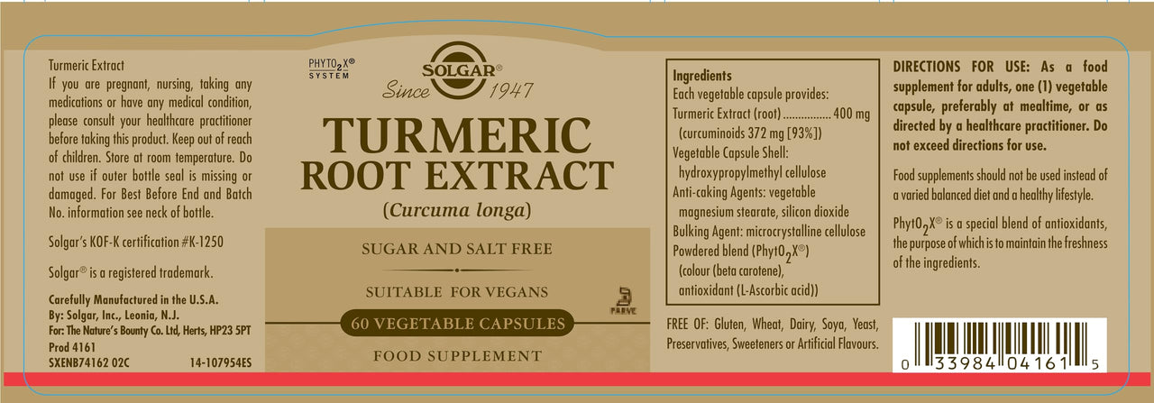 Solgar Standardized Turmeric Root Extract 400 mg, 60 Ct