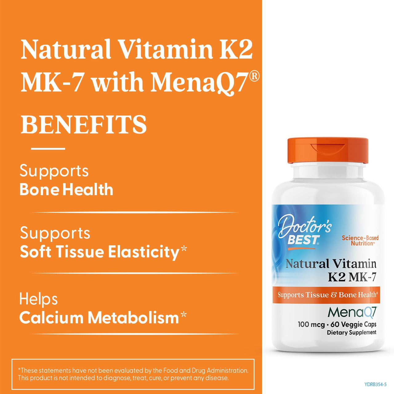 Doctor's Best Natural Vitamin K2 MK7 Supplement for Men & Women - Bone Health Support, 100 mcg Vitamin K-2 MK-7 Capsules with MenaQ7, Calcium Support, Non GMO, Vegan - 60 Veg Caps