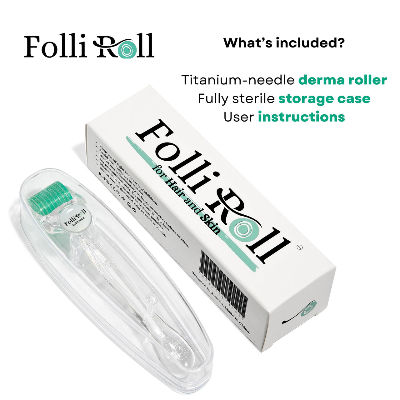 FolliRoll Derma Roller for HAIR and SKIN - for Face and Scalp Derma Stamp, 192 Titanium Individual Microneedles | FREE Storage Case | for Men and Women (0.30mm)