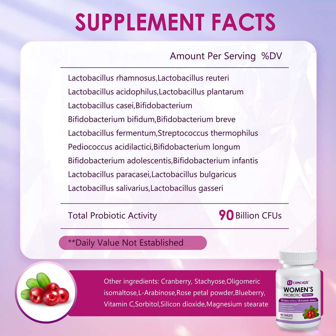 OMOGS Women's Probiotic, with Cranberry Extract, Organic Prebiotics & Vitamin C, 90 Billion CFUs,18 Strains, Help for Boost Immune, Digestive, Gut Health & Women's Health, Gluten & Soy Free,90 Tablets