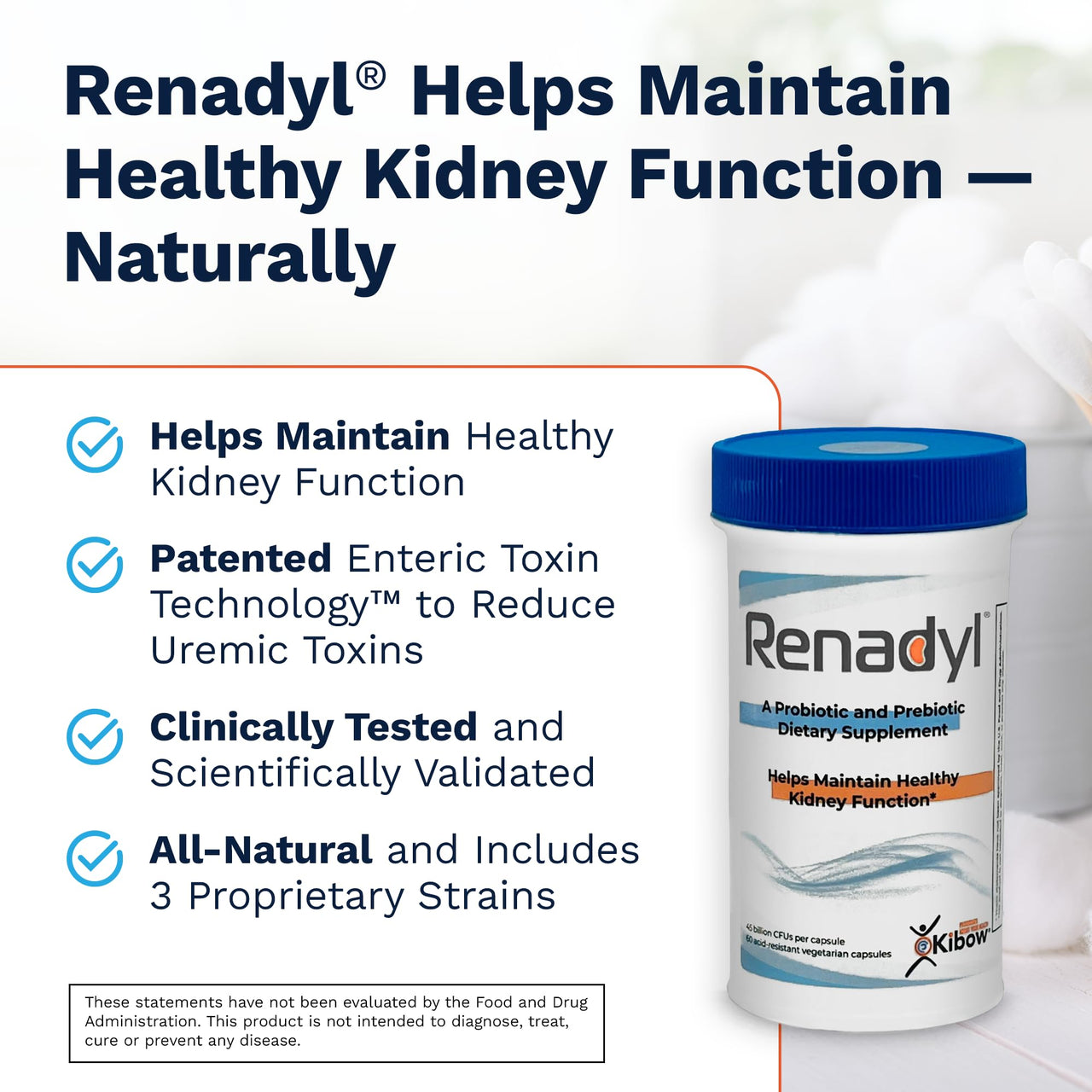Renadyl Kidney Probiotic Supplement | Urea, Creatinine, & Uric Acid Support | 45 Billion CFUs | Clinically Tested, Non-GMO, & Made in USA, 180 Capsules (3 Bottles, 3 Month Supply)