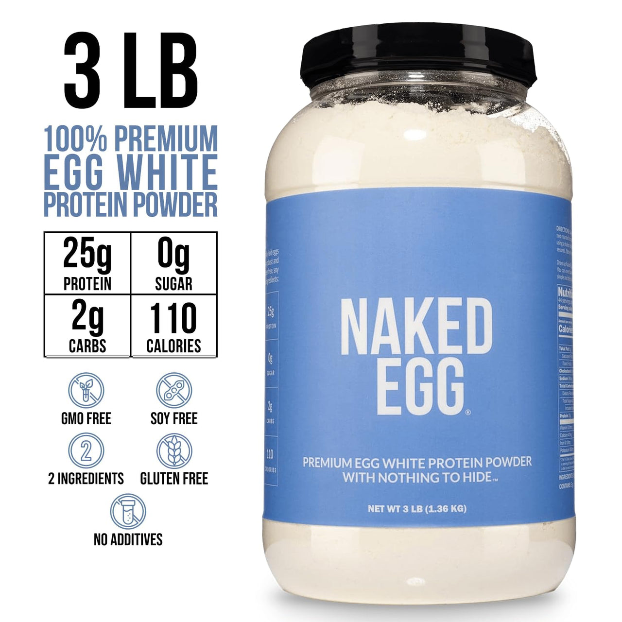 Naked 3LB Non-GMO Egg White Protein Supplement Powder, Unflavored, No Additives, Paleo, Dairy Free, Gluten Free, Soy Free – 25g Protein, 44 Servings, 3 pounds