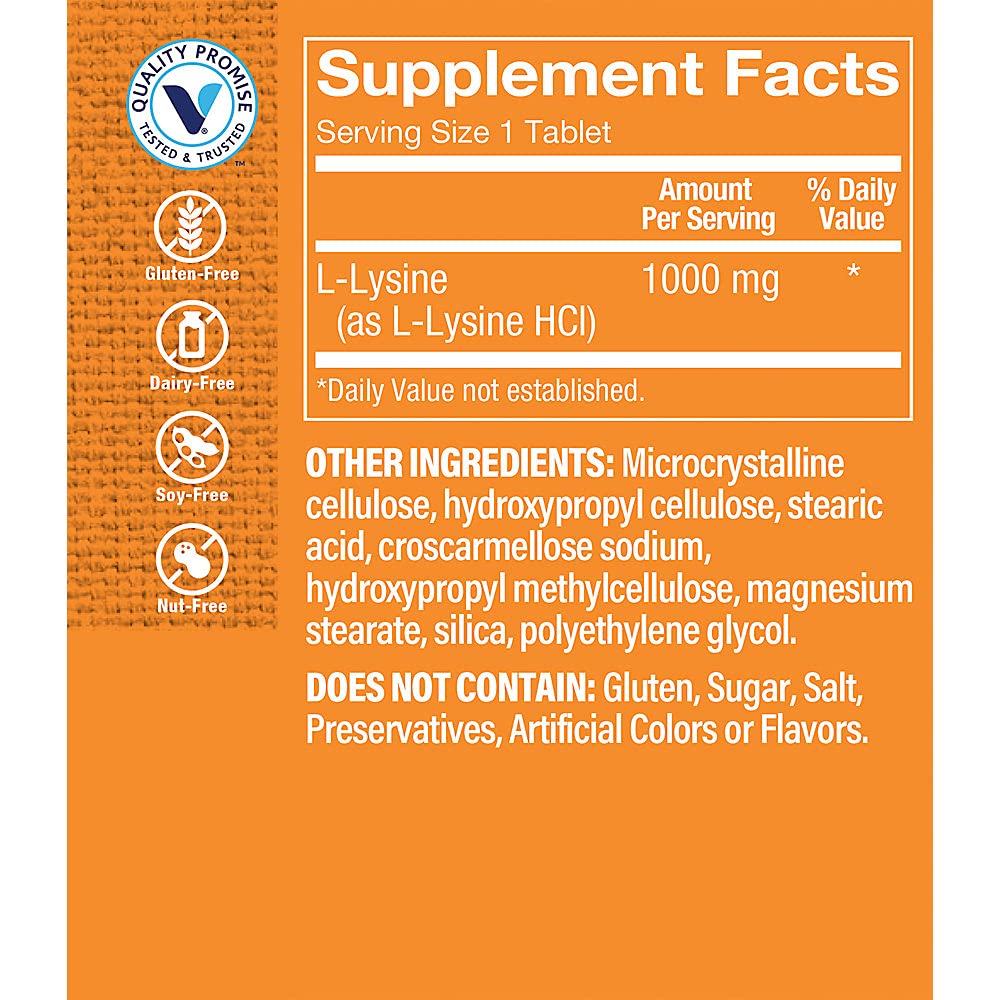 The Vitamin Shoppe L-Lysine 1,000MG, Essential Amino Acid, Lip Care Supplement, Supports Collagen & Elastin Production, Once Daily (100 Tablets)