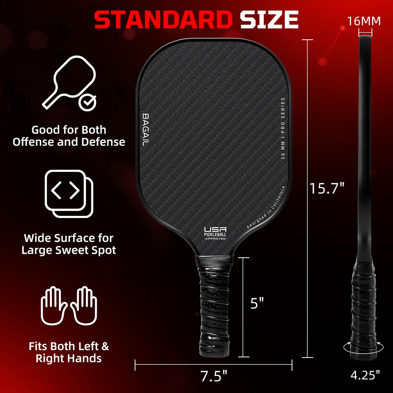 BAGAIL Pickleball Paddles, USAPA Approved Fiberglass Surface Pickleball Set, Lightweight Pickle Ball Rackets with 4 Balls, 1 Bag, Designed in California for Traction and Stability - 4 Pack, Black