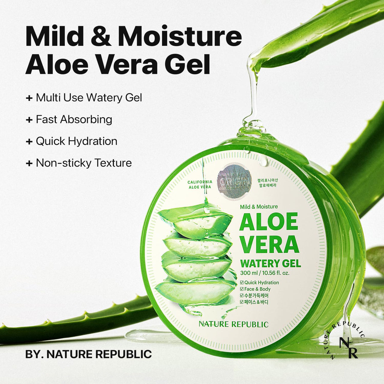 Nature Republic Mild & Moisture Aloe Vera Watery Gel (2 PCS) | Hydrating & Moisturizing, Fast-Absorbing Non-Sticky, Aftersun & Aftershave Soothing Gel for Face & Hair, Korean Skincare, All Skin Types