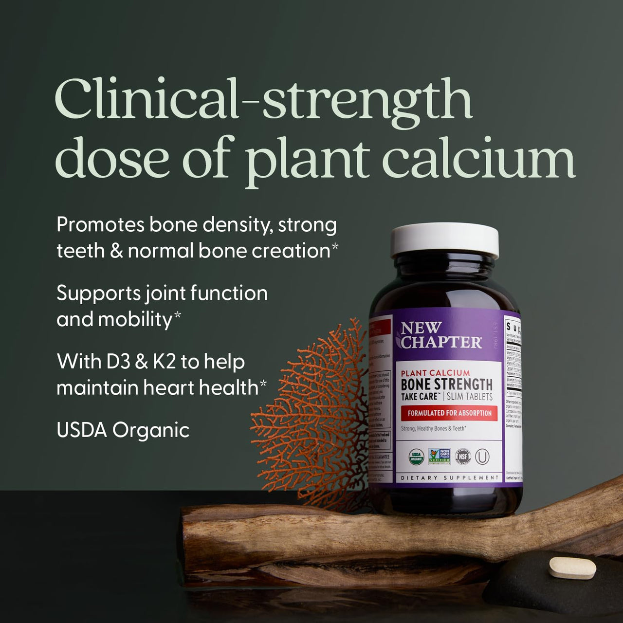 New Chapter Calcium Supplement - Bone Strength Plant-Based USDA Organic Calcium with Magnesium, Vitamin D3+K2, for Bone Health & Joint Mobility, Heart Support, 905 mg dose - 60 Slim Tablets