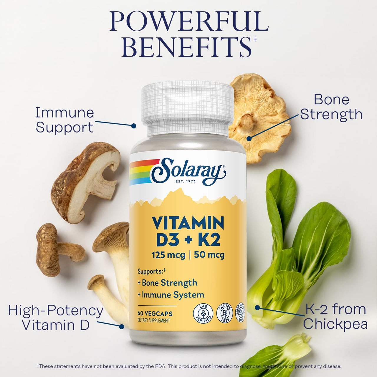 SOLARAY Vitamin D3 K2 - Bone Health and Immune Support Supplement - with 5000 IU Vitamin D as VIT D3 and 50 mcg Vitamin K2 as Menoquinone MK7, Made Without Soy, 60-Day Guarantee, 60 Serv, 60 VegCaps