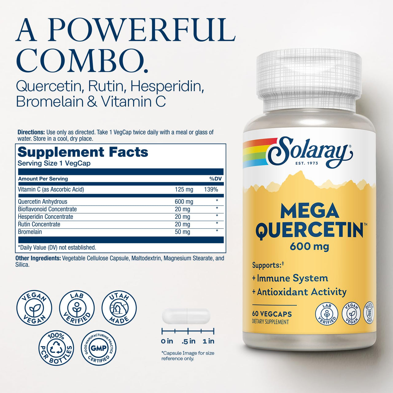 SOLARAY Mega Quercetin with Bromelain, Vitamin C and Bioflavonoids - Antioxidant and Immune Support Supplement, Hearth Health and Blood Pressure Support - Vegan, 60-Day Guarantee, 60 Serv, 60 VegCaps