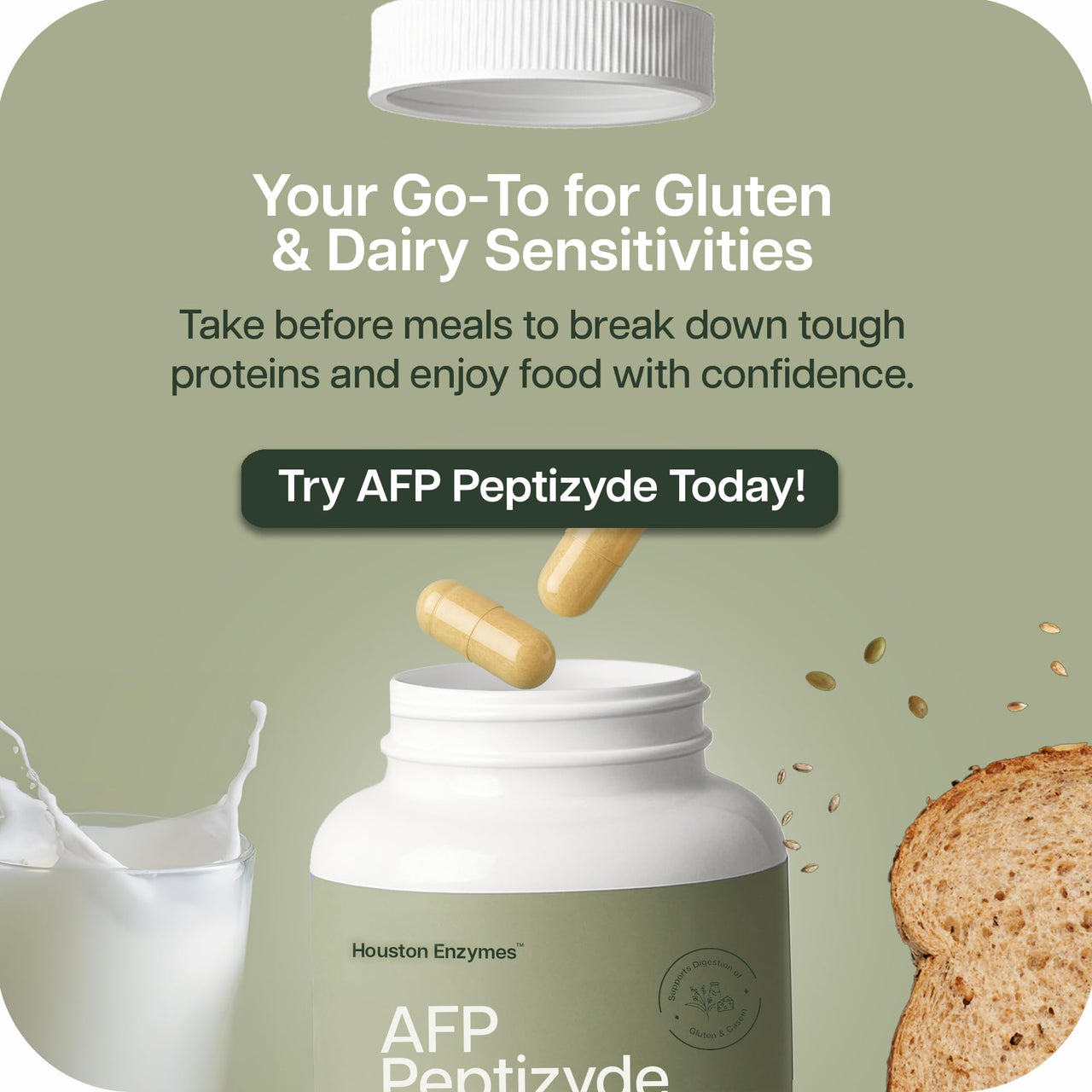 Houston Enzymes AFP Peptizyde - Digestive Enzyme Combination for Protein, Casein & Gluten Proteins - Digestive Enzymes for Women and Men (90 Capsules)