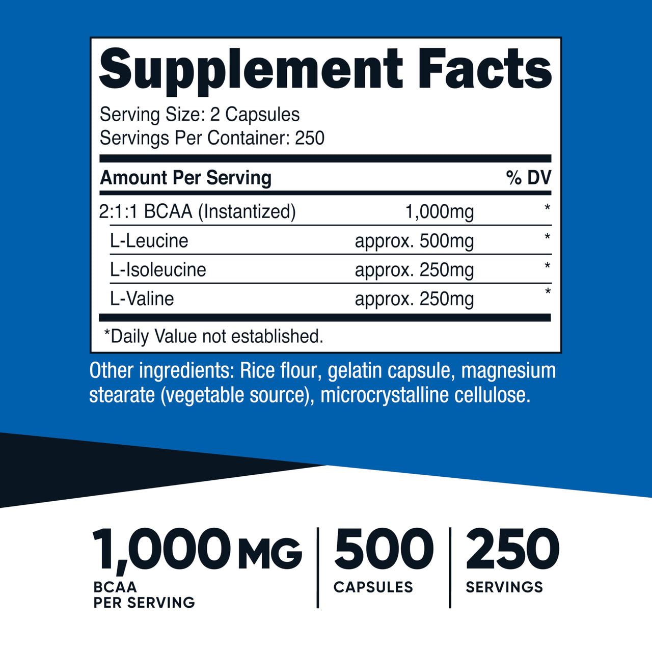 Nutricost BCAA 1000mg, 500 Capsules (250 Serv), 2:1:1 Branched Chain Amino Acids (500mg of L-Leucine, 250mg of L-Isoleucine and L-Valine)