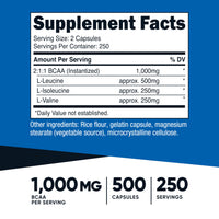 Thumbnail for Nutricost BCAA 1000mg, 500 Capsules (250 Serv), 2:1:1 Branched Chain Amino Acids (500mg of L-Leucine, 250mg of L-Isoleucine and L-Valine)