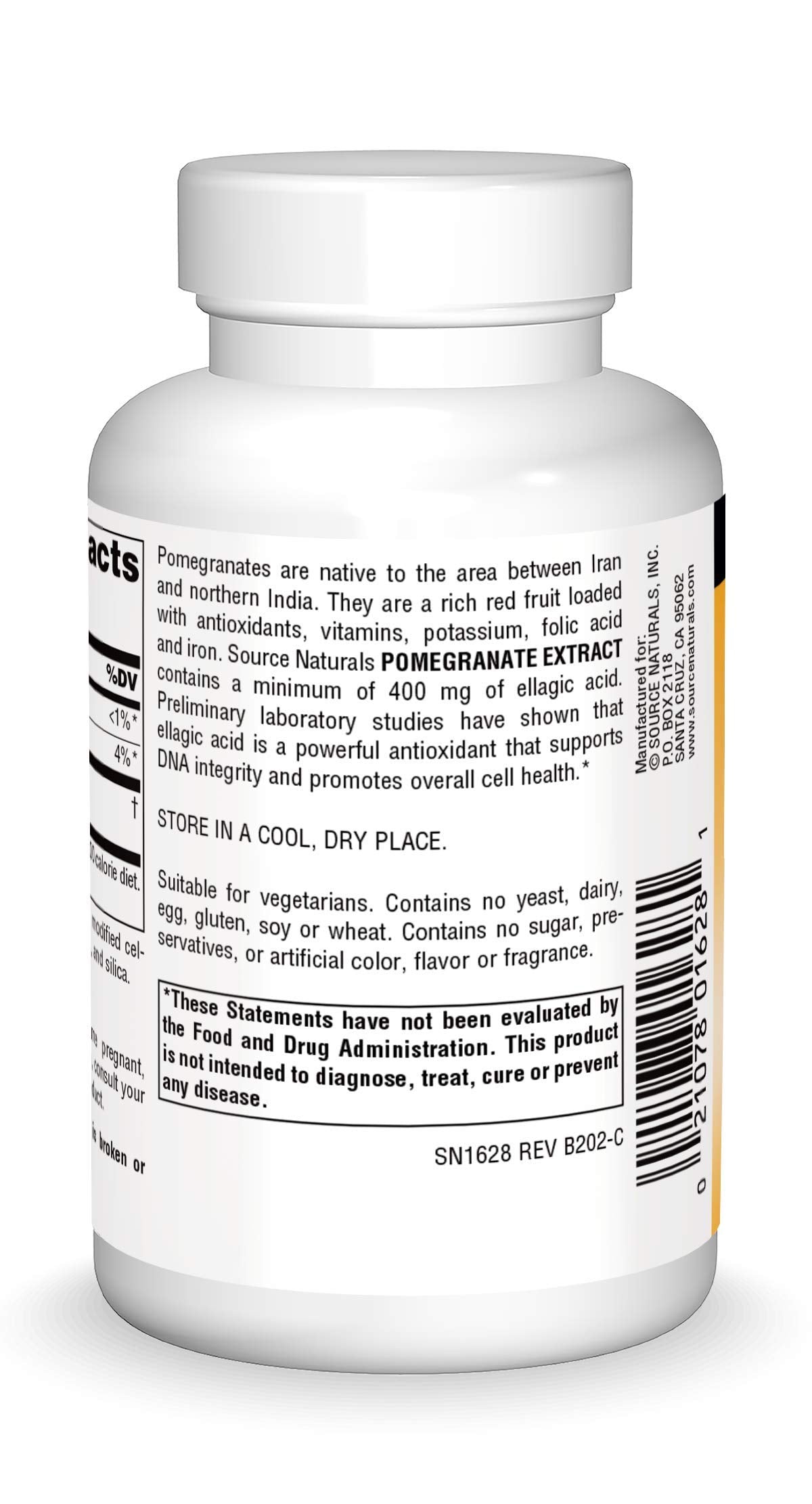 Source Naturals Pomegranate Extract 500mg Complete Whole Fruit Ellagic Acid Antioxidant & Added Fiber - 120 Tablets