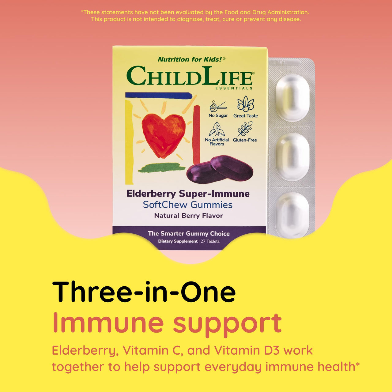 CHILDLIFE ESSENTIALS Elderberry Super-Immune SoftChew Gummies for Kids - Immune Support with Vitamin C & Vitamin D3, Elderberry Immune Supplement for Babies, Toddlers & Children - Berry, 27 Softchews