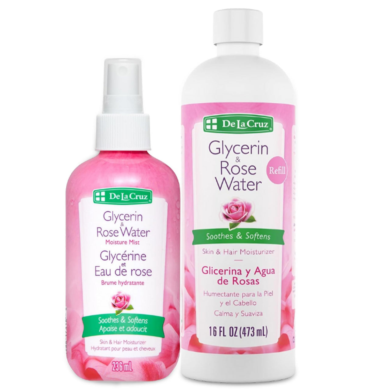 De La Cruz Rose Water and Glycerin for Face, Rosewater Facial Toner & Moisturizer for Skin & Hair, Rose Water for Hair, 2-Bottle Bundle - 16oz & 8oz, Made in USA.