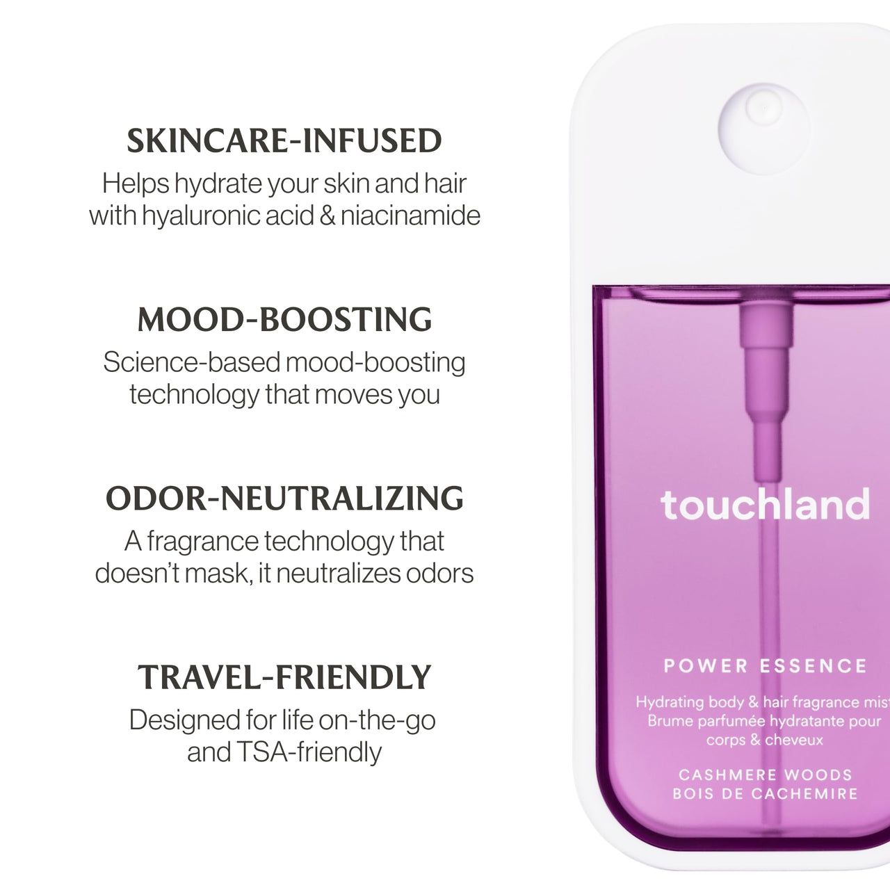 Touchland Hydrating Body & Hair Fragrance Mist, Cashmere Woods, 2 FL. OZ. Travel Size Body Spray