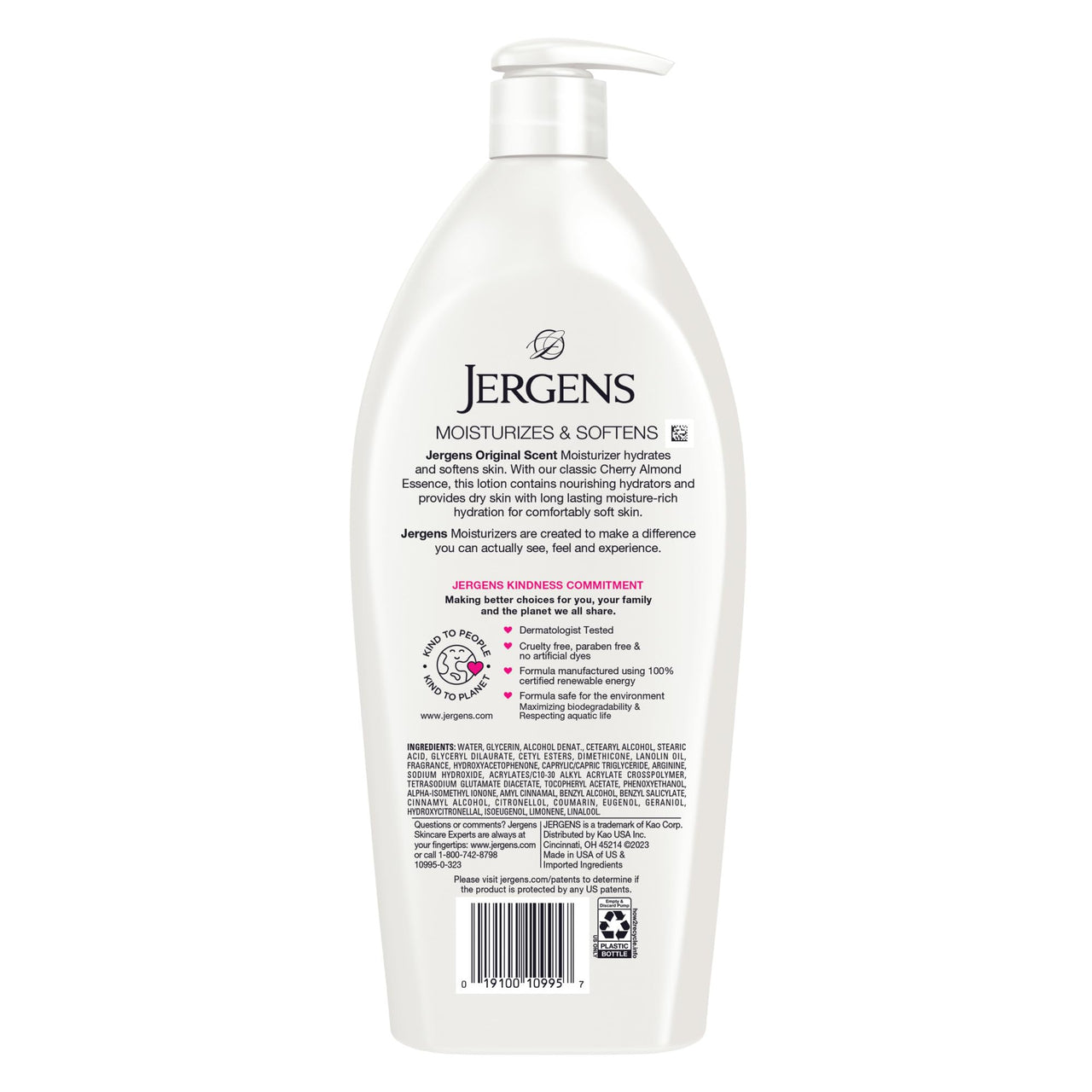 Jergens Original Scent Dry Skin Body Lotion, Hand and Body Moisturizer, Cherry Almond Essence, Dermatologist Tested, 32 Oz