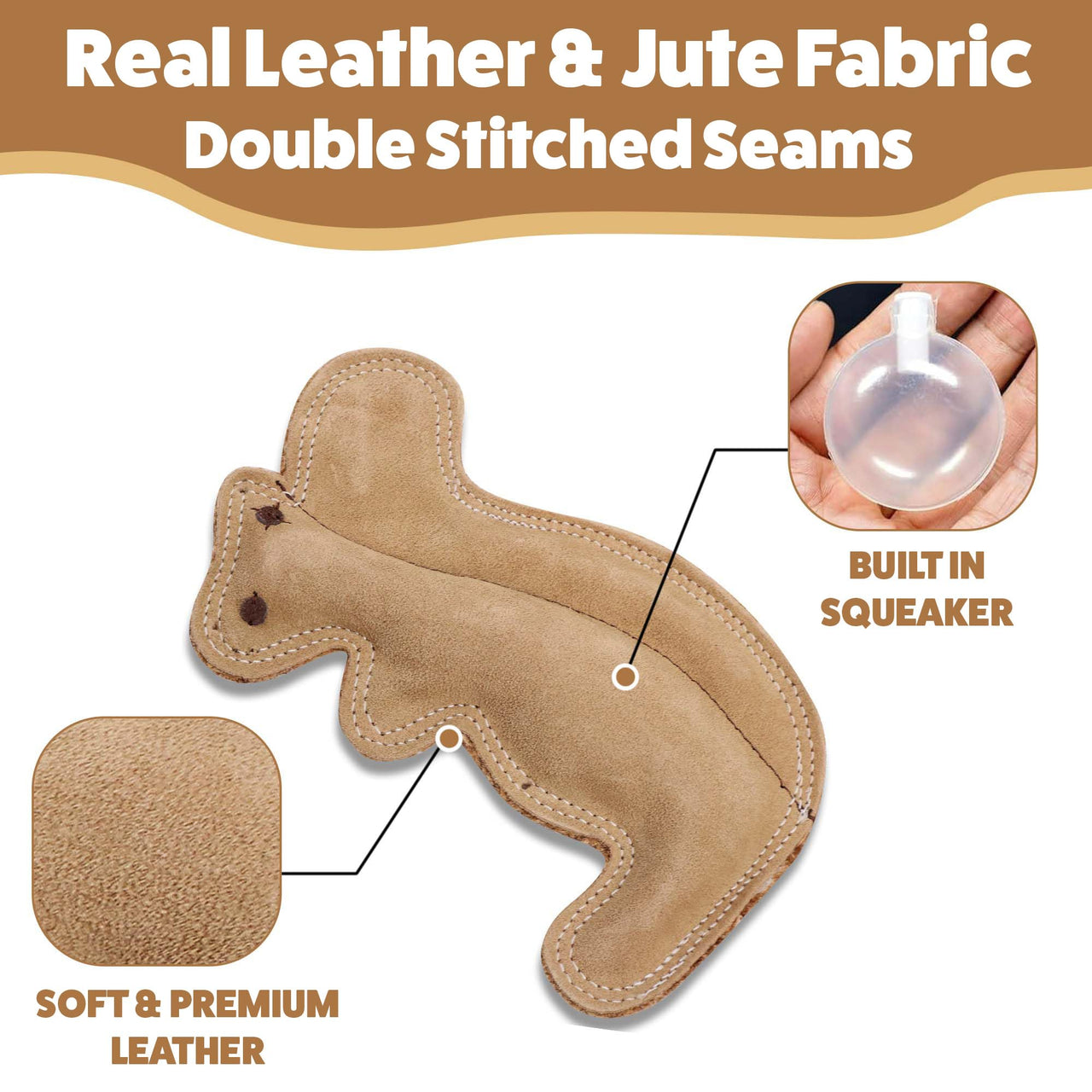 SPOT Dura-Fused Leather Squirrel Dog Toy – Real Leather & Jute Fabric, Double-Stitched & Durable, Soft Stuffed Squeaky Interactive Chew Toy for Moderate Chewers, Small & Medium Dogs, 8in
