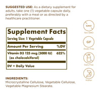 Thumbnail for Solgar Vitamin D3 (Cholecalciferol) 125 mcg (5000 IU), 60 Vegetable Capsules - Helps Maintain Healthy Bones & Teeth - Immune System Support - Non-GMO, Gluten Free, Dairy Free - 60 Servings
