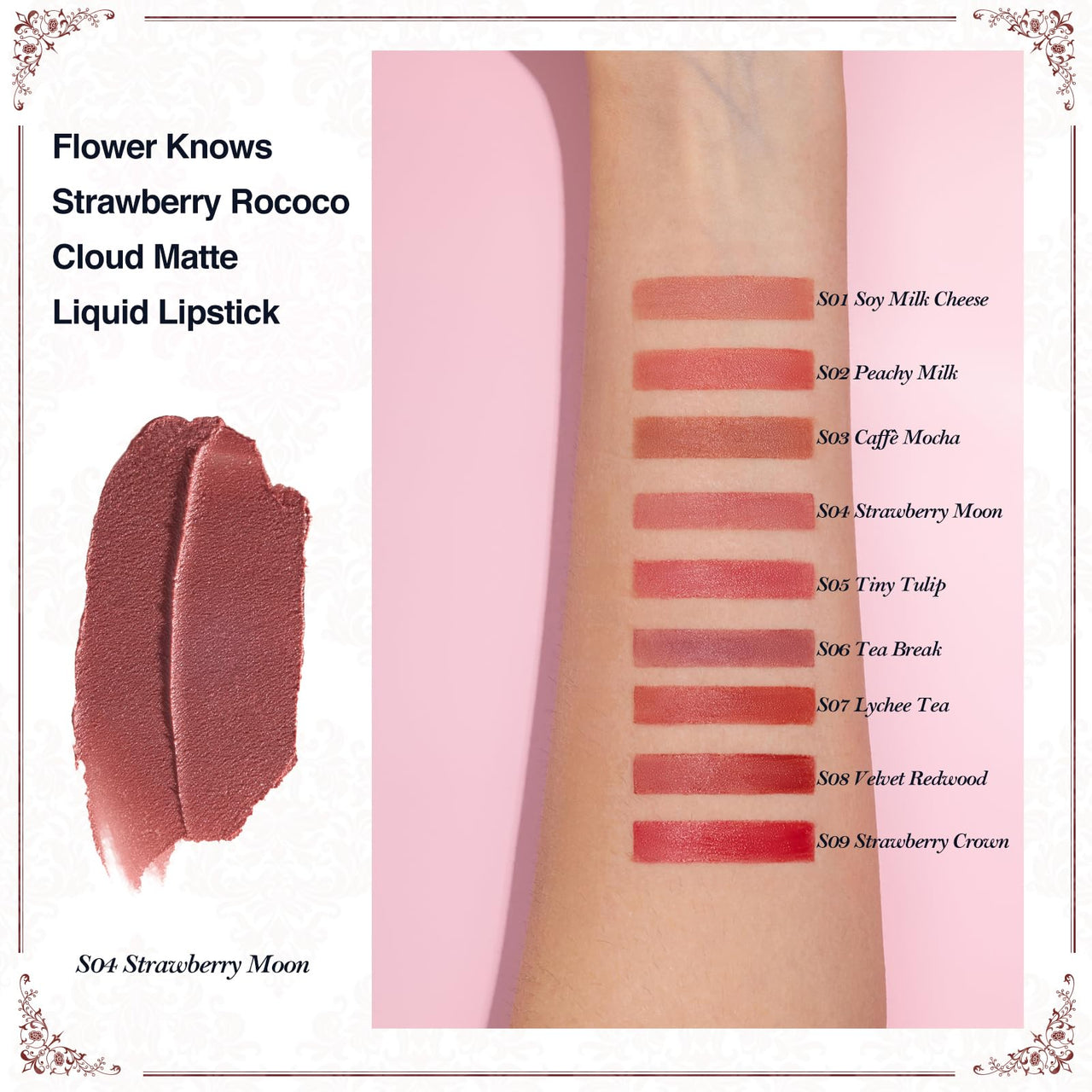 Flower Knows Strawberry Rococo Cloud Lip Cream Matte Liquid Lipstick-Long Lasting&Highly Pigmented Lip Stain -Velvety Waterproof Lip Makeup for Girls&Women-0.12 Fl Oz,1 Count(S04 Strawberry Moon)