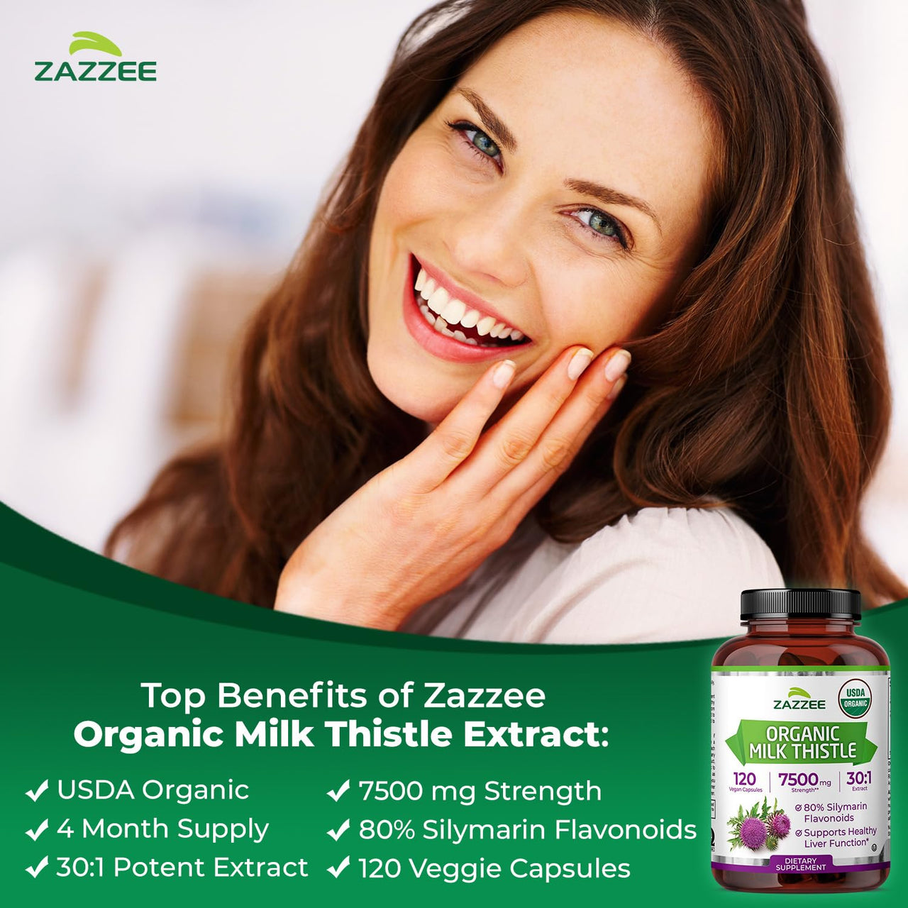 Zazzee USDA Organic Milk Thistle Extract 30:1, 80% Silymarin, 7500 mg Equivalent, 120 Vegan Capsules, Certified Kosher, High Potency Liver Support Supplement, Antioxidant Support, Non-GMO, Made in USA