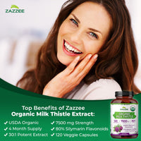 Thumbnail for Zazzee USDA Organic Milk Thistle Extract 30:1, 80% Silymarin, 7500 mg Equivalent, 120 Vegan Capsules, Certified Kosher, High Potency Liver Support Supplement, Antioxidant Support, Non-GMO, Made in USA