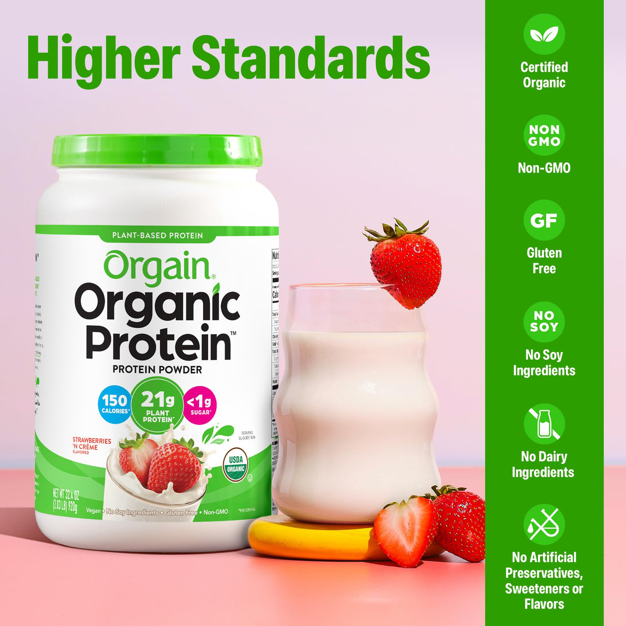 Orgain Organic Vegan Protein Powder, Strawberries & Cream - 21g Plant Based Protein, 4g Prebiotic Fiber, Low Net Carb, No Lactose Ingredients, No Added Sugar, Non-GMO, For Shakes & Smoothies, 2.03 lb
