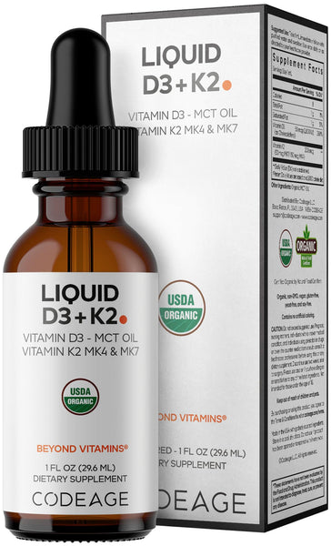 Codeage Liquid D3+K2 Vitamins USDA Organic - Vitamin D3 2000 IU, Vitamin K2 (MK4 & MK7) Liquid Drops - Immune Support - Unflavored - Organic MCT Oil - Non-GMO - 1 fl oz