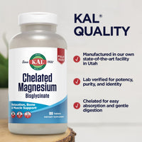 Thumbnail for KAL Chelated Magnesium Bisglycinate, Magnesium Supplement for Relaxation, Bone Health, Nerve & Muscle Function Support*, High Absorption, Gentle Digestion, Vegan, Gluten Free, 60 Servings, 180 Tablets