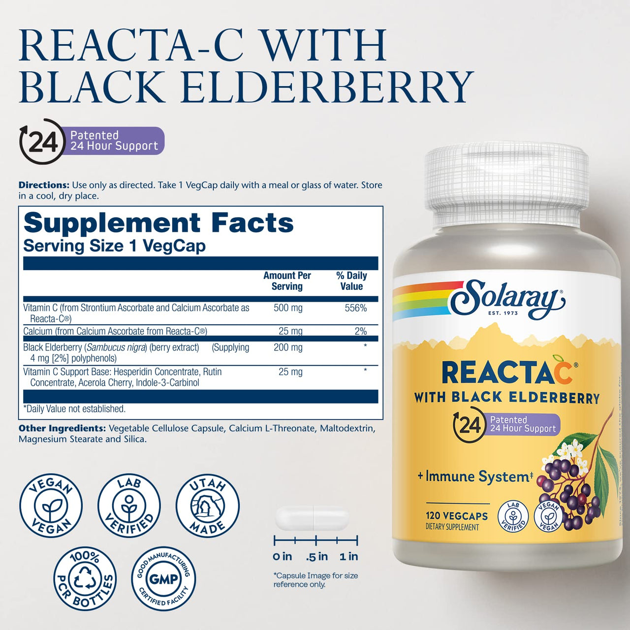 SOLARAY Reacta-C + Elderberry 500 mg VCapsules 120 Count