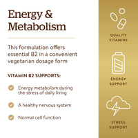 Thumbnail for Solgar Vitamin B2 (Riboflavin) 100mg, 100 Vegetable Capsules - Energy Metabolism, Healthy Nervous System - Non-GMO, Vegan, Gluten Free, Dairy Free, Kosher - 100 Servings
