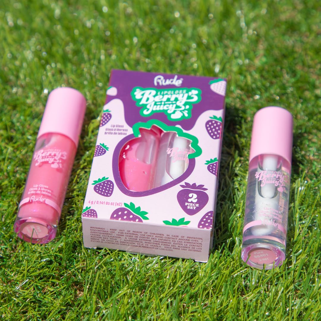 RUDE Cosmetics Berry Juicy Lip Gloss Duo, High Shine Lip Glosses Set, Moisturizing & Hydrating Lipgloss, Ideal for Day & Night Makeup Looks, Pure & Flirty