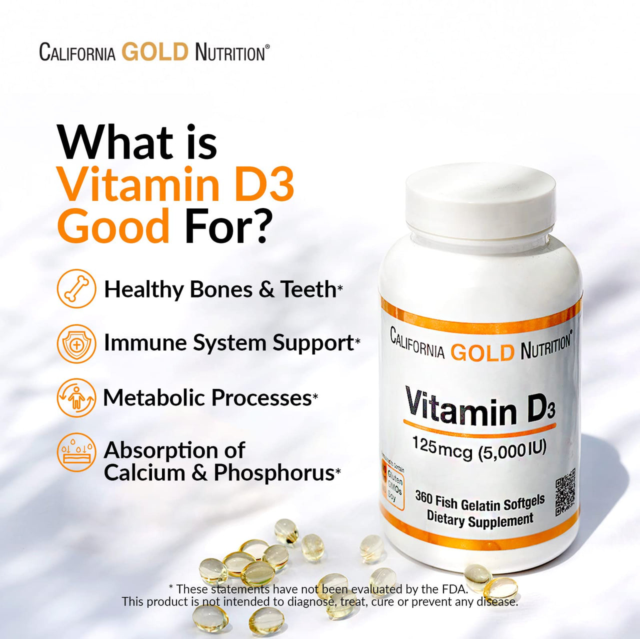 California Gold Nutrition Vitamin D3, 125 mcg (5,000 IU), 360 Fish Gelatin Softgels, 5 Pack