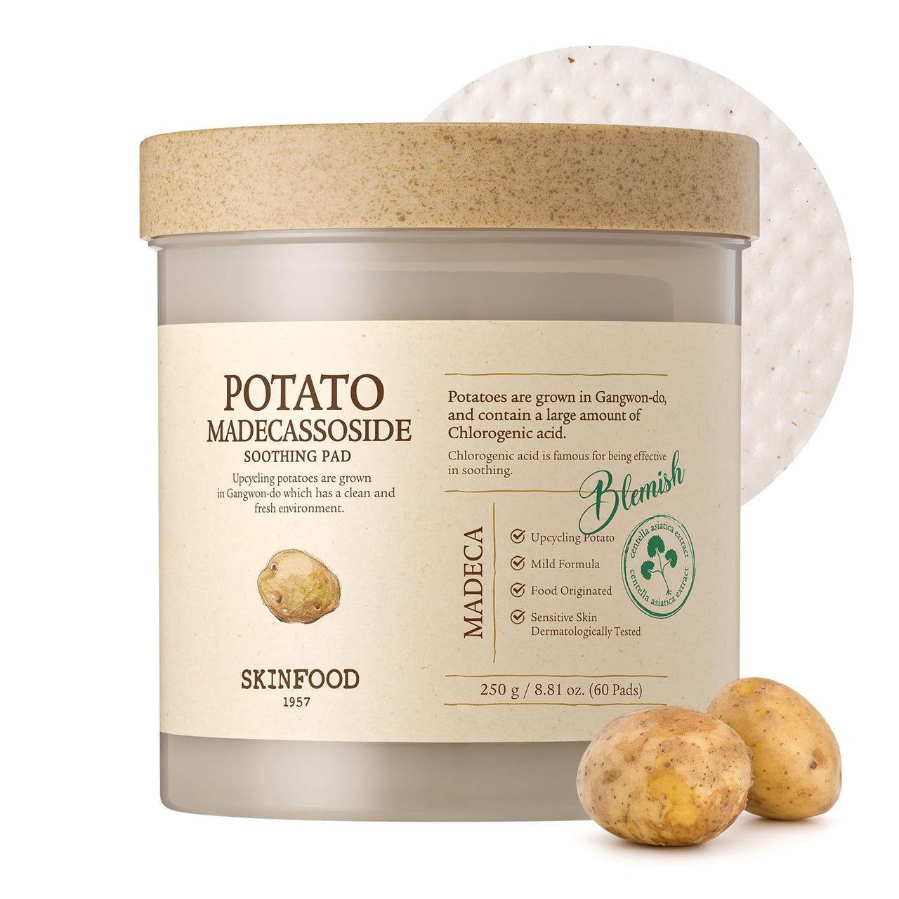 SKINFOOD Potato Madecassoside Soothing Toner Pad, Korean Skincare Facial Toner, Blemish Pads, Damaged Skin Barrier Improvement, Redness Relief, 8.81 oz (60 Pads)