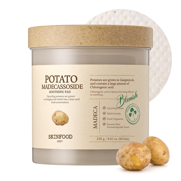 SKINFOOD Potato Madecassoside Soothing Toner Pad, Korean Skincare Facial Toner, Blemish Pads, Damaged Skin Barrier Improvement, Redness Relief, 8.81 oz (60 Pads)