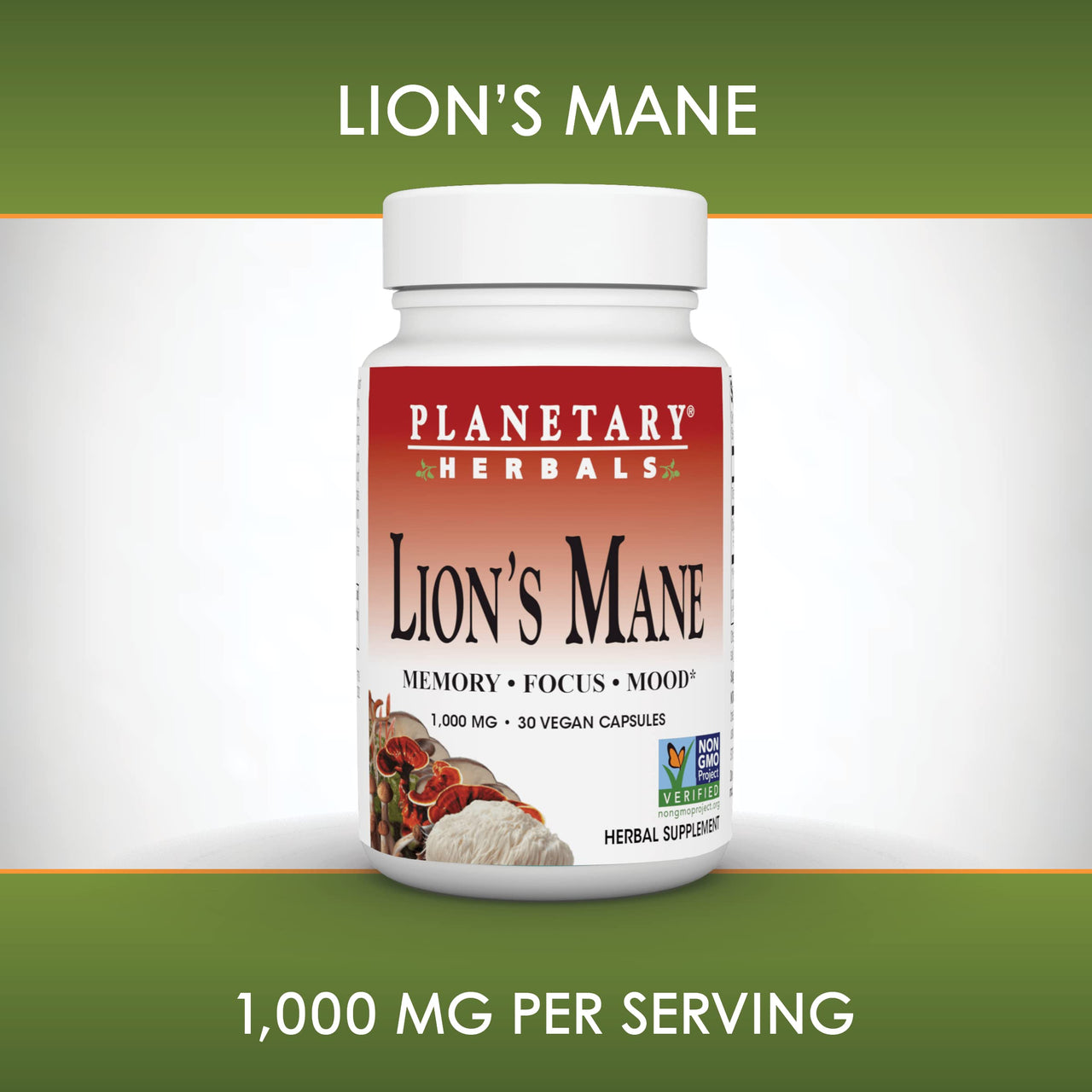 Planetary Herbals Lion's Mane, for Memory, Focus, and Mood*, 1,000 mg - 30 Vegan Capsules