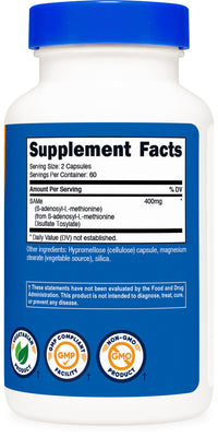 Thumbnail for Nutricost SAM-e (S-Adenosyl-L-Methionine) 400mg Per Serving, 60 Servings, 200mg Per Capsule, 120 Capsules - Non-GMO, Gluten Free Same, Vegetarian