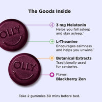 Thumbnail for OLLY Sleep Gummy, 3 mg Melatonin, L-Theanine, Chamomile, and Lemon Balm Extracts, Blackberry Flavor, 30 Day Supply - 60 Count