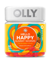 Thumbnail for OLLY Hello Happy Gummy Worms, Mood Balance Support, Vitamin D, Saffron, Adult Chewable Supplement, Tropical Zing - 60 Count