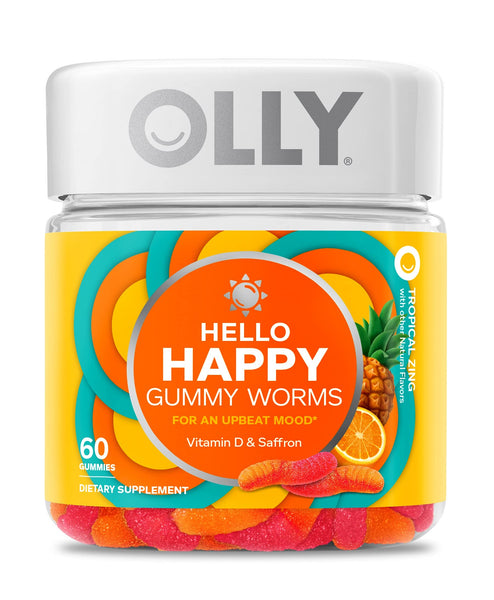 OLLY Hello Happy Gummy Worms, Mood Balance Support, Vitamin D, Saffron, Adult Chewable Supplement, Tropical Zing - 60 Count