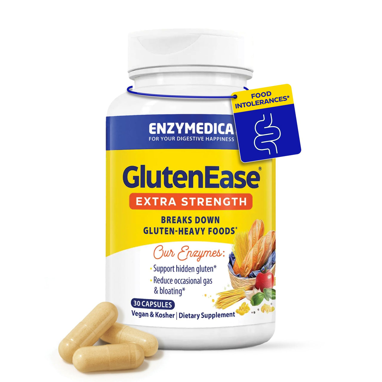 Enzymedica GlutenEase Extra Strength, Advanced Gluten Digestive Enzymes for Women and Men, Fast-Acting Formula for Bloating Relief & Digestive Health, 30 Capsules