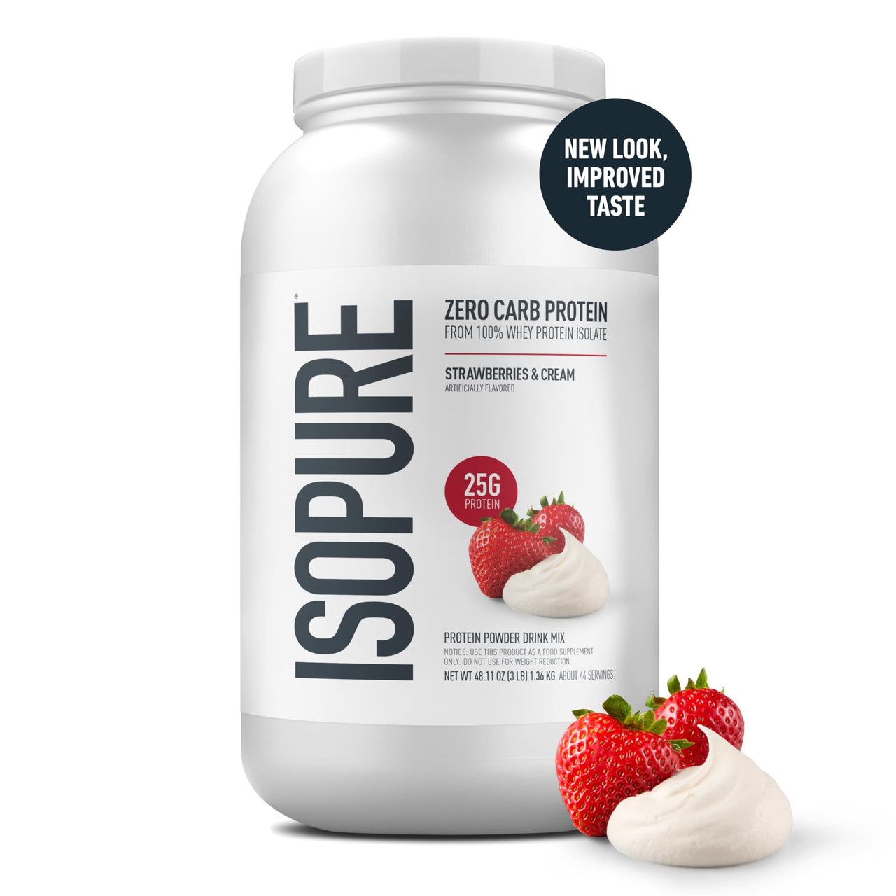Isopure Zero Carb 100% Pure Whey Isolate Protein Powder, Gluten Free, With Vitamins, Strawberries & Cream, 25g Protein Per Serving, 3 Lbs, 44 Servings (Packaging May Vary)