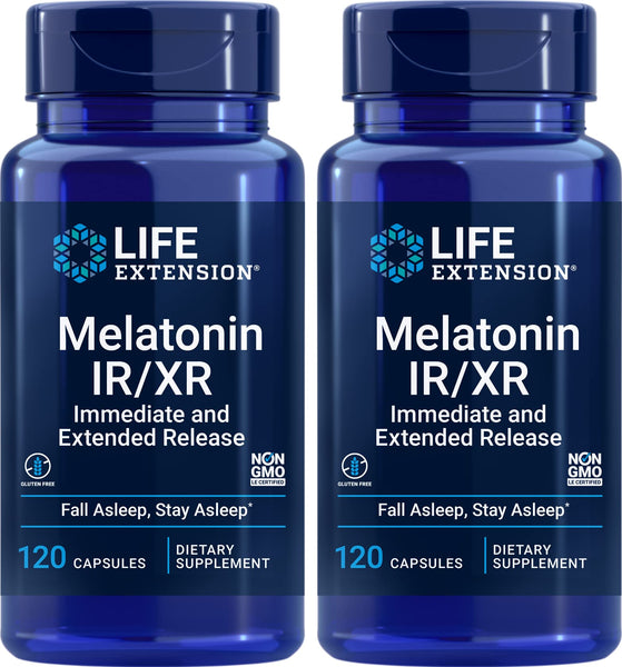 Life Extension Melatonin IR/XR, 120 Capsules (Pack of 2) - Immediate & Extended-Release for 7 Hours Support - Night Time Supplement - Stay Asleep All Night Long - Non-GMO, Gluten-Free