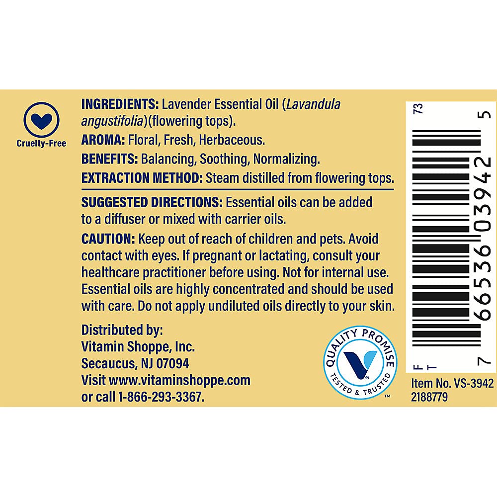 The Vitamin Shoppe Lavender Essential Oil 100% Pure - Calming Balancing Aromatherapy | Steam-Distilled Therapeutic | 1 oz | Relaxation