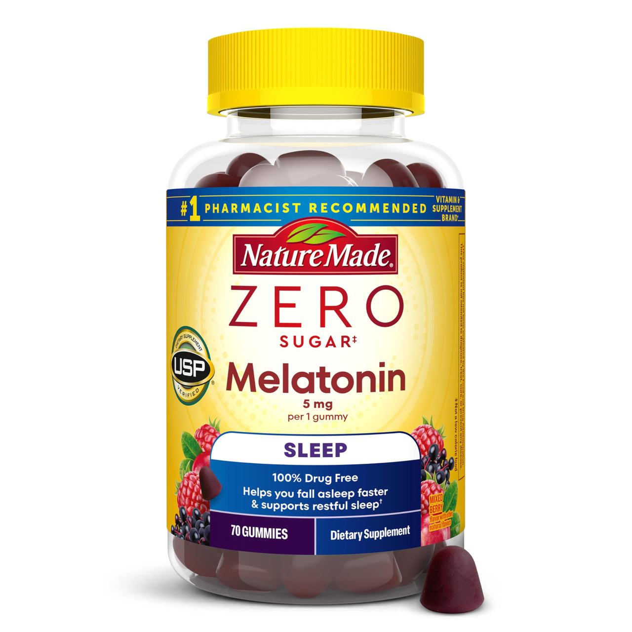 Nature Made Zero Sugar Melatonin 5mg Sleeping Gummies for Adults Extra Strength, 100% Drug Free Sleep Aid, Aspartame Free, 70 Sugar Free Melatonin Gummies, 70 Day Supply