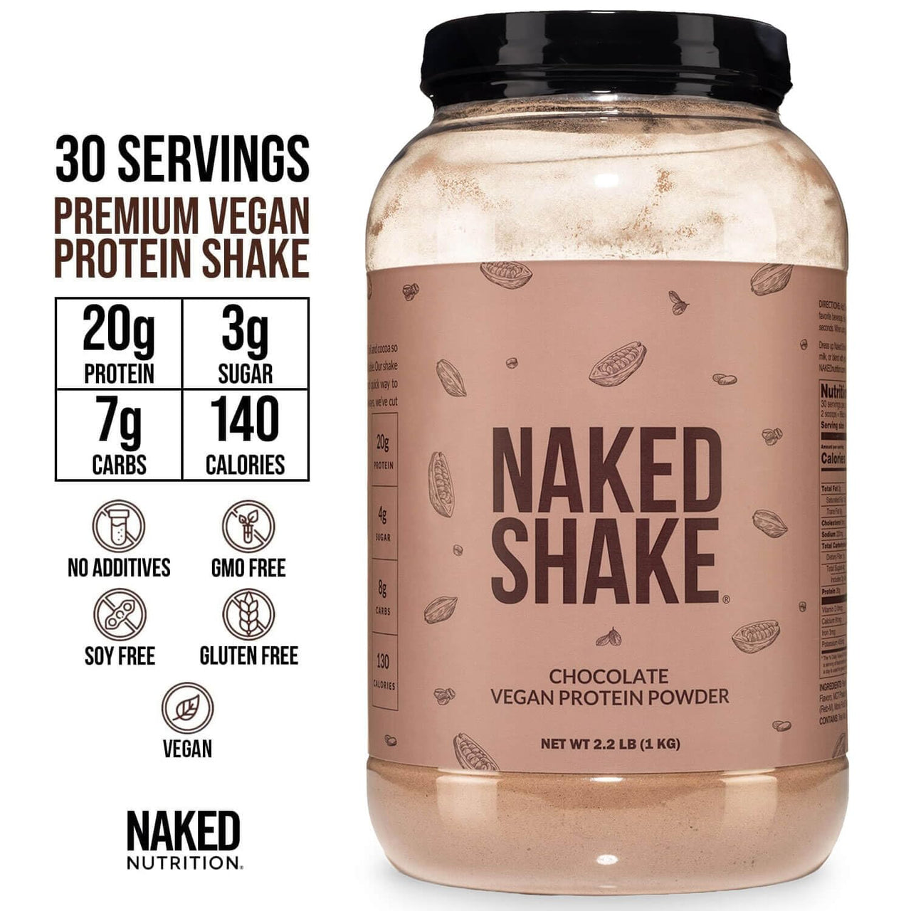 NAKED Shake - Chocolate Protein Powder - Plant Based Protein Shake with Mct Oil, NSF Certified, Gluten-Free, Soy-Free, No Gmos Or Artificial Sweeteners - 30 Servings