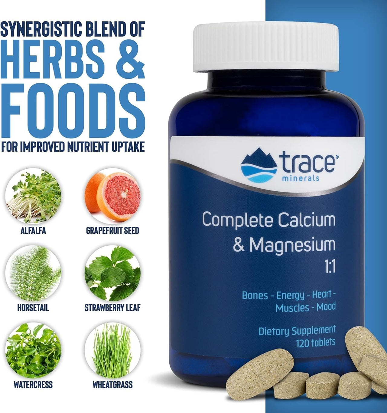 Trace Minerals Complete Calcium & Magnesium 1:1 - Dietary Supplement for Bone Health & Energy Support - Mineral Supplement to Aid Immune Health - Formula with Sea Minerals - 120 Tablets (30 Servings)